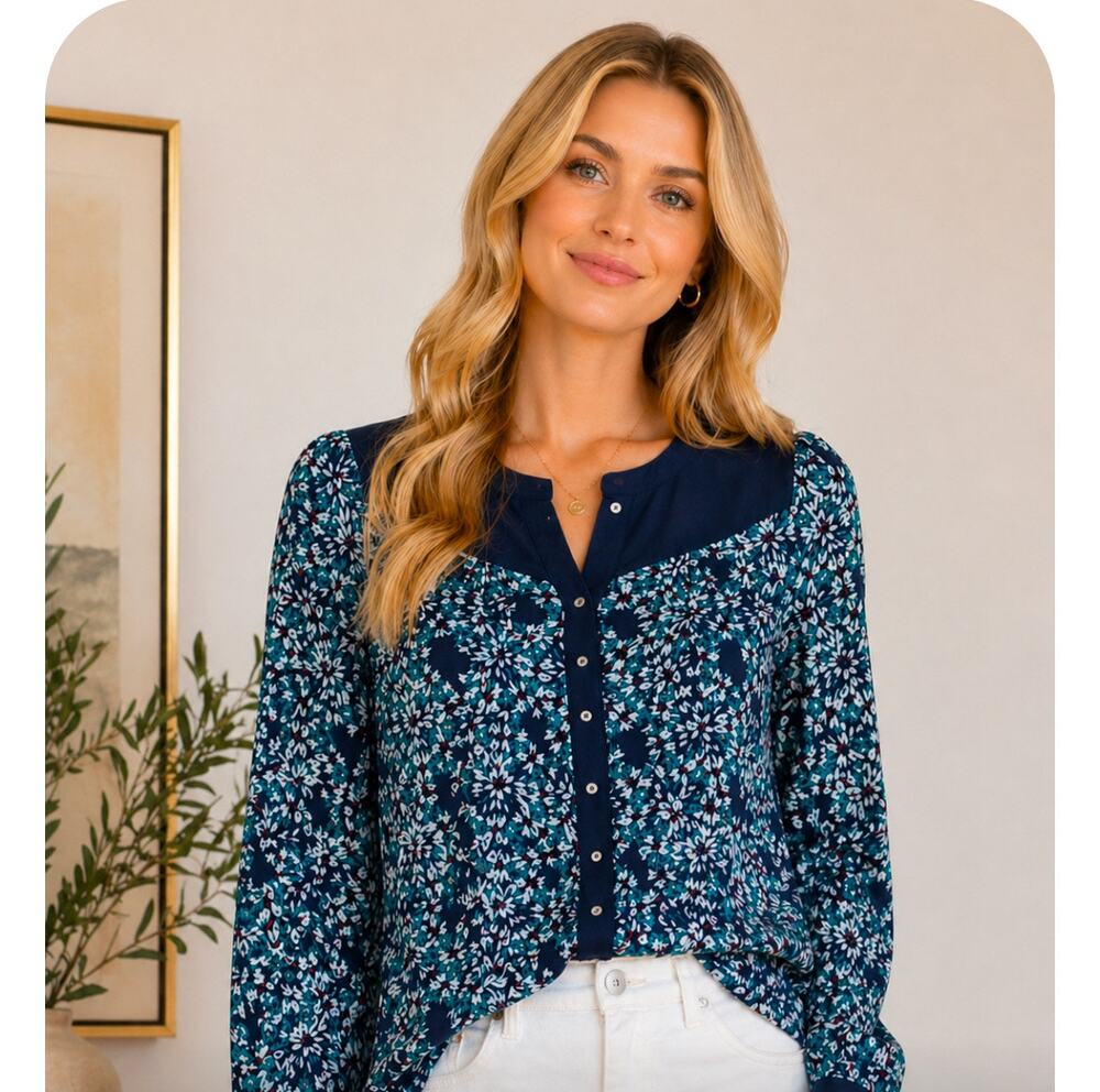Moulinette Soeurs Anthropologie Silk Blue Floral Blouse Long Sleeve 8 M Women